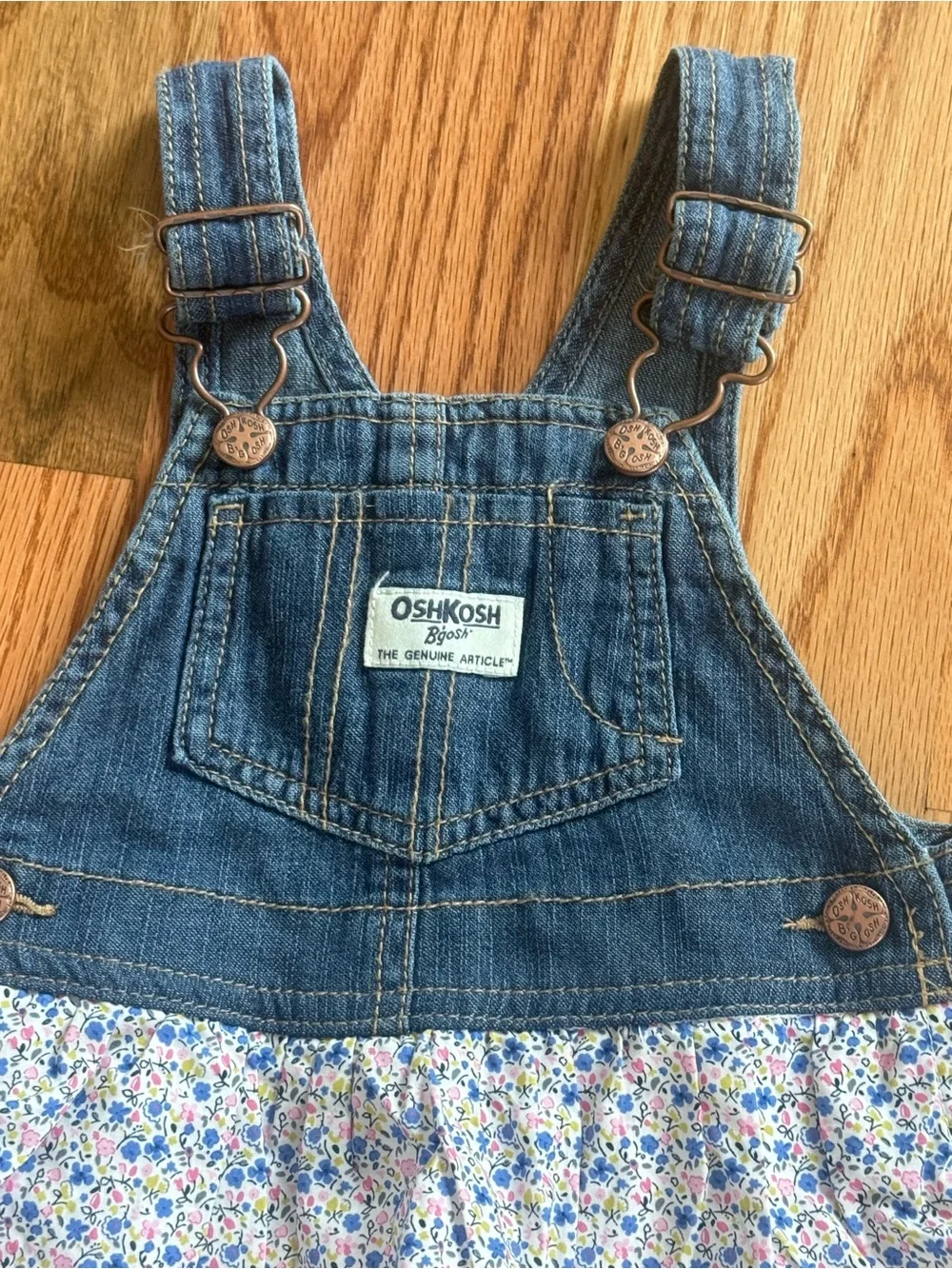 OshKosh B'gosh Denim Ruffled Floral & Eyelet Overall Dress - Blue, Pink, White